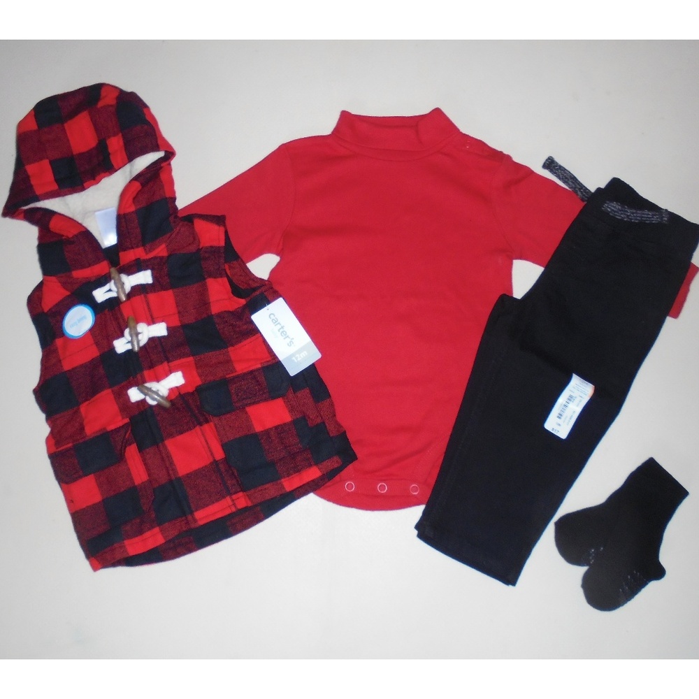 Baby Boy Buffalo Plaid Vest Pants Tee 12M NEW
